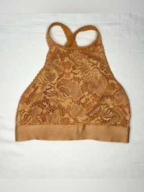 Out From Under Bralette Womens M Beige Gold Lace High Neck Racerback Wireless